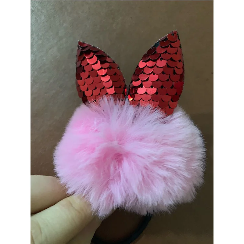dark pink 1 шт., шарик из искусственного кроличьего меха, эластичная лента для волос, милые девушки, кошачьи ушки, помпон, веревка для волос, подарок для девочек, милые аксессуары для волос для девочек, головной убор - Цвет: dark pink