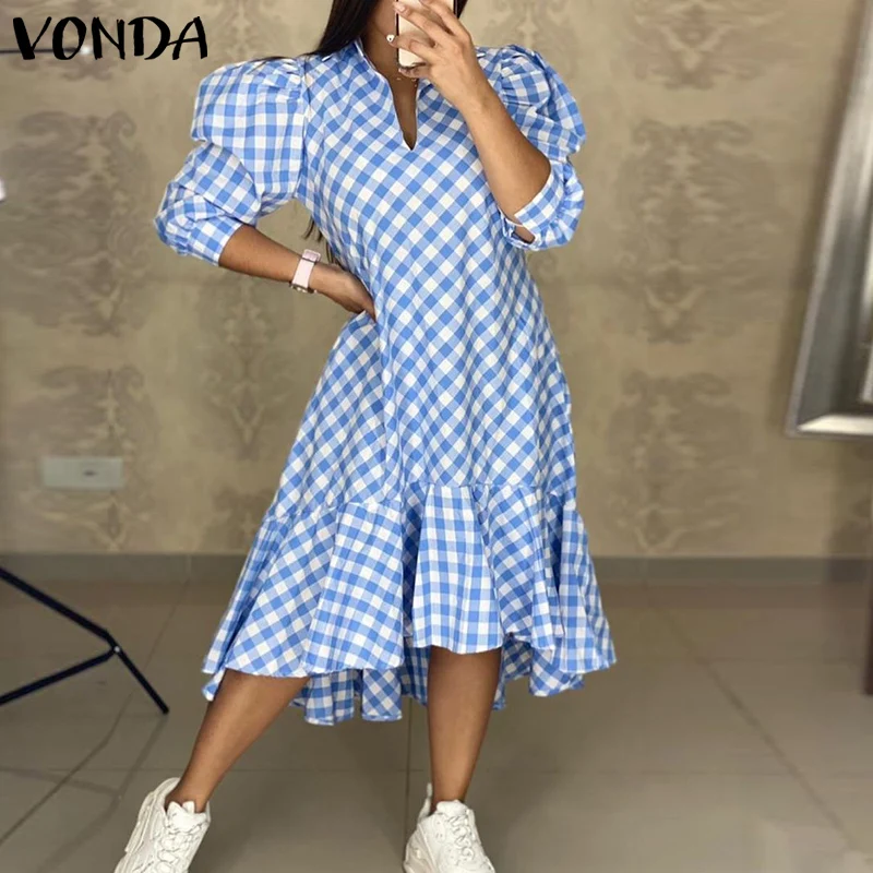 

Женское клетчатое платье VONDA в богемном стиле, с рукавом 2021, V-образным вырезом и оборками на подоле, вечерние платья, повседневное плиссиров...