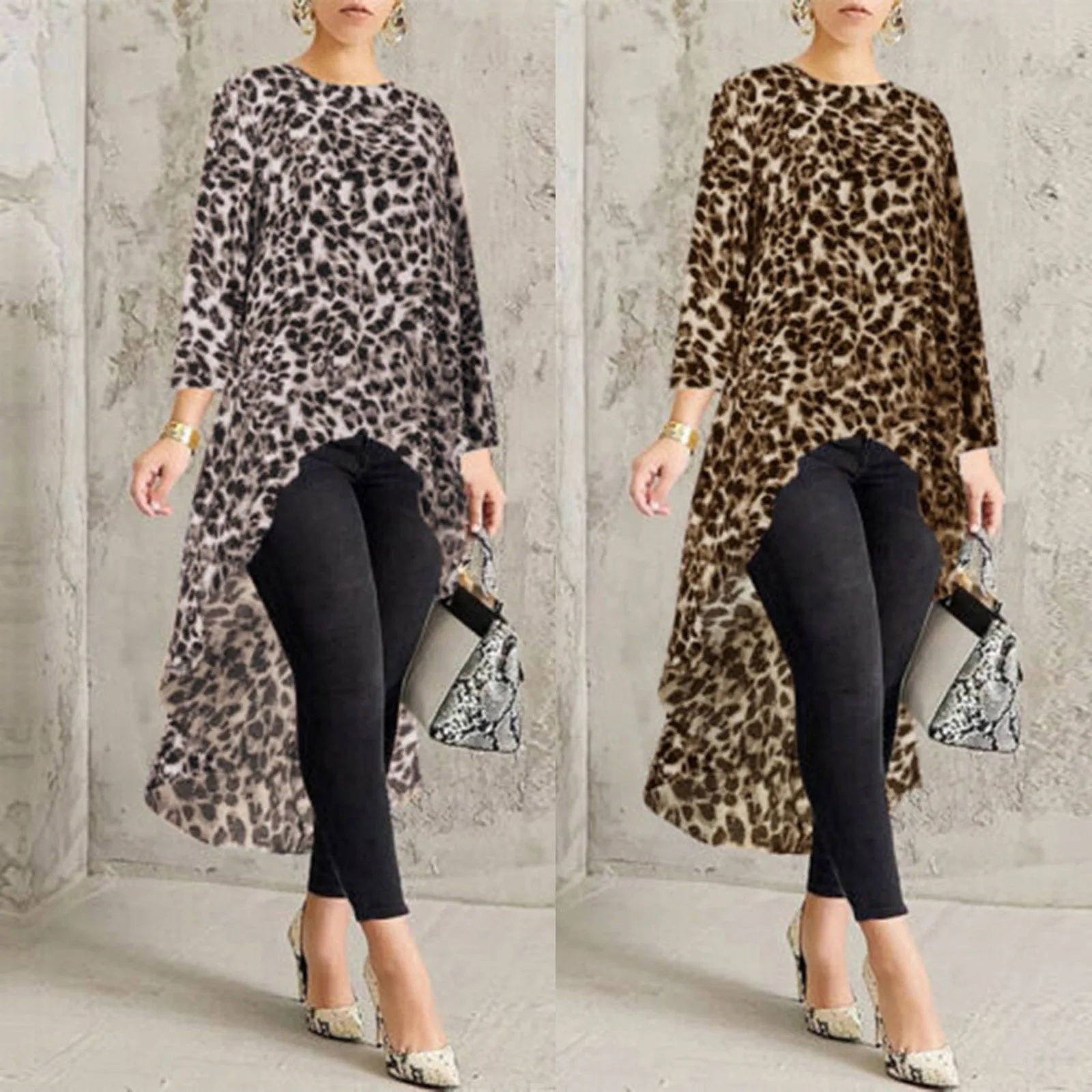 Büyük boy moda yüksek düşük Leopard bluz gömlek gevşek Tops Casual sonbahar kış bayanlar kadın kadın uzun kollu Blusas kazak