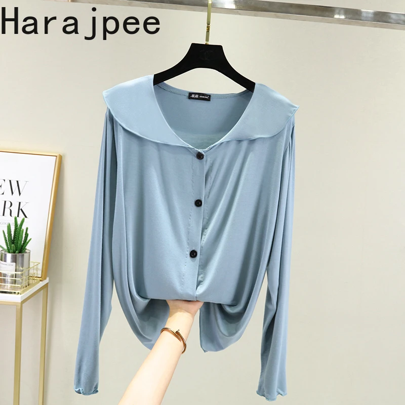 

Женский топ из модала Harajpee, новинка сезона осень-зима 2021, свободная футболка с длинным рукавом и оборками, тонкий однотонный топ в Корейском ...