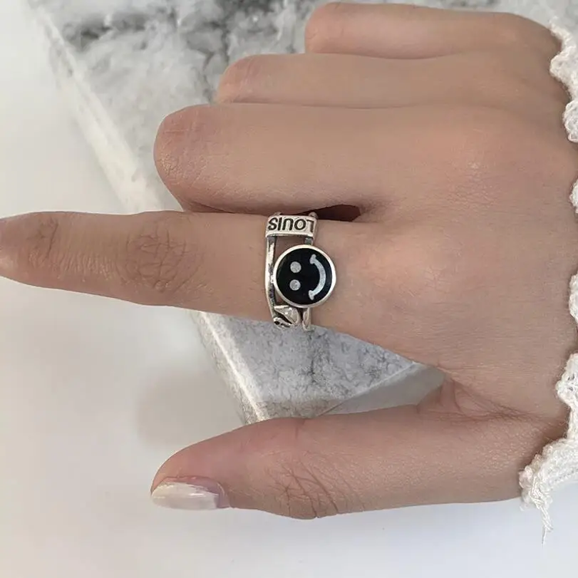 

925 Sterling Silver Retro Letters Smile Face Index Finger Opening Rings For Women Student Fine Jewelry Party Gift SAR421