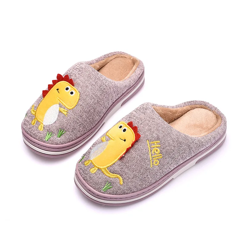 Зимние новые детские хлопковые тапочки домашние с динозавром из мультфильма