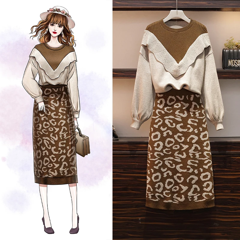 

Свитер и юбка, костюмы из двух предметов, Осень-зима, женский модный пуловер в Корейском стиле, свитеры, юбки с принтом, наряд, трикотажная од...