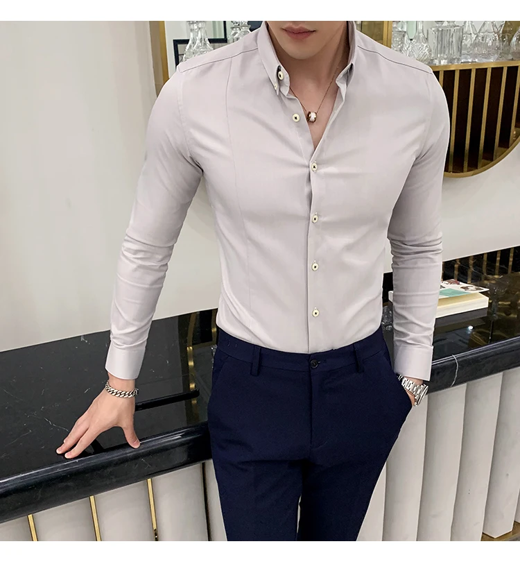 Высококачественная мужская приталенная Повседневная рубашка с длинным рукавом Весенняя однотонная деловая рубашка 4xl