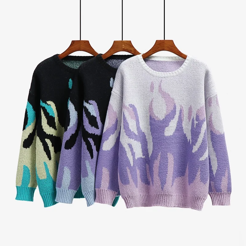 

Autumn Sweaters winter knitted midi o neck pullover street hipster print loose large size women's sweater women jumper 2021