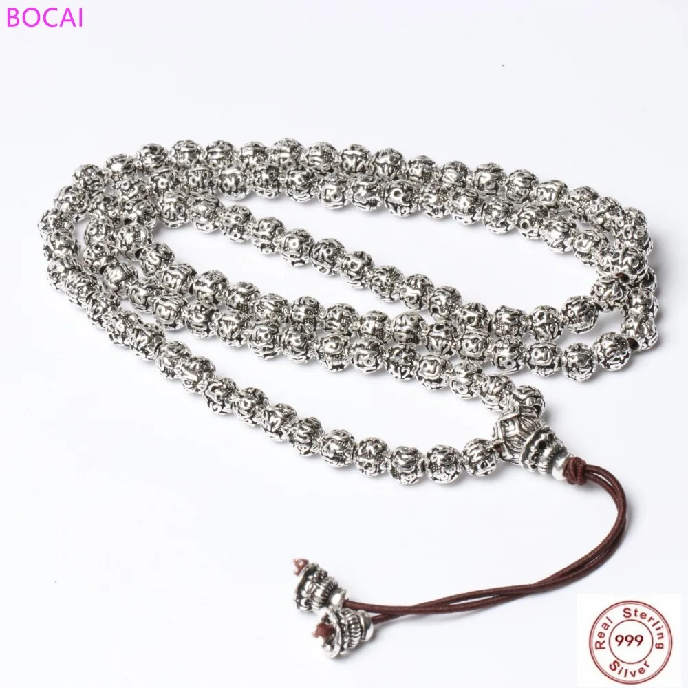

BOCAI Trendy 100% S999 Sterling Silver Men And Women Six Character Truth Bracelet 108 Beads Retro Buddha Beads