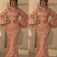 luxury sexy bling evening dresses for women wear mermaid high neck rose gold sequins poet sleeves plus size formal prom dress pa