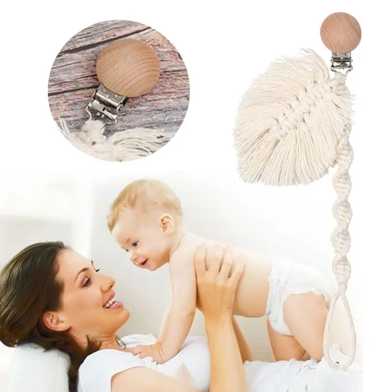

Vintage Crochet Pacifier Clip Wood Baby Cotton Tassel Pacifier Chain for Newborn Teething Soother Chew Dummy Clips handmade