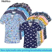 100 cotton printing nurse medical operating room doctor nursing uniform cleaning protective clothing tops scrubs short sleeved