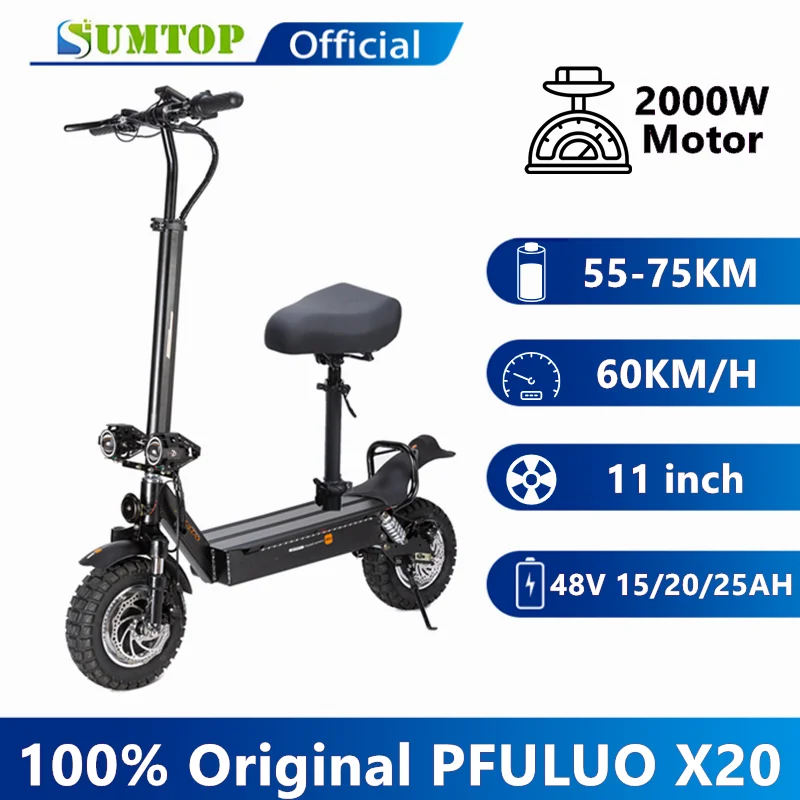 

PFULUO X20 Electric Scooter with Seat 2000W Strong Powerful Dual Motors Off-road 11 Inch Tire Max 60km/h 48V Dual Drive