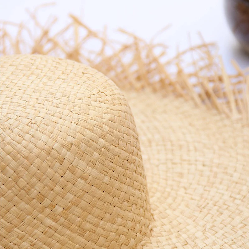 

100% Natural Raffia Straw Hat Women Summer Floppy Jazz sun Hat Large Wide Brim Fringe Beach Cap Hand Weave Panama Sun Caps