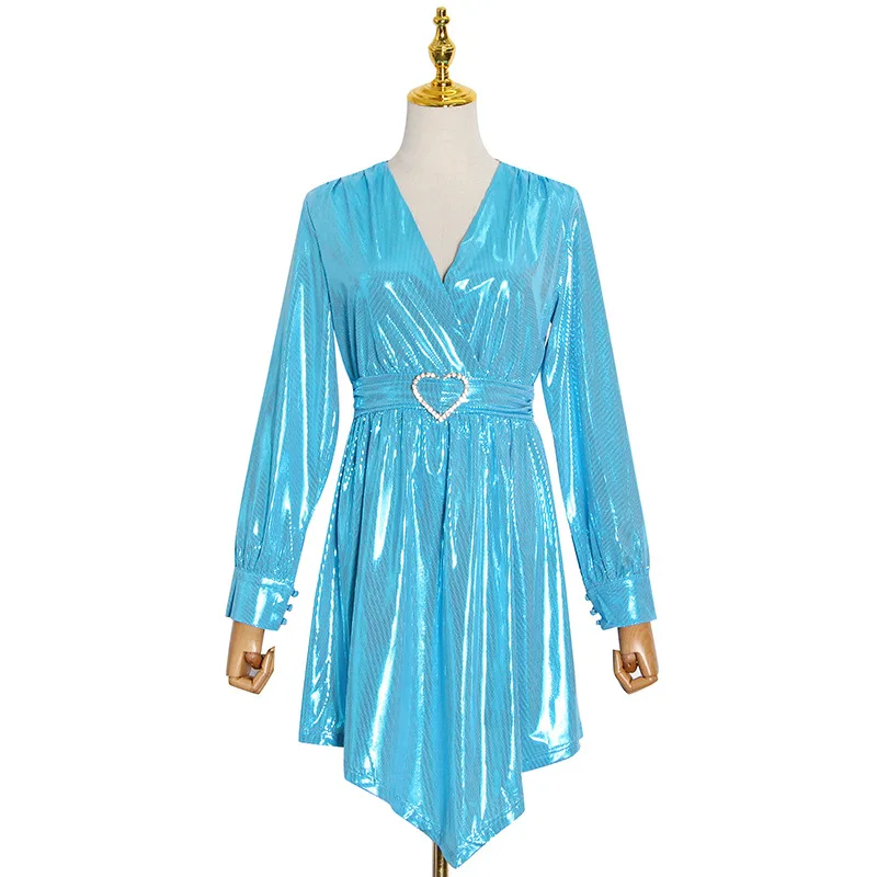 

Fashion brand season new fashion v-neck backless bubble long sleeve waist slim dress with belt