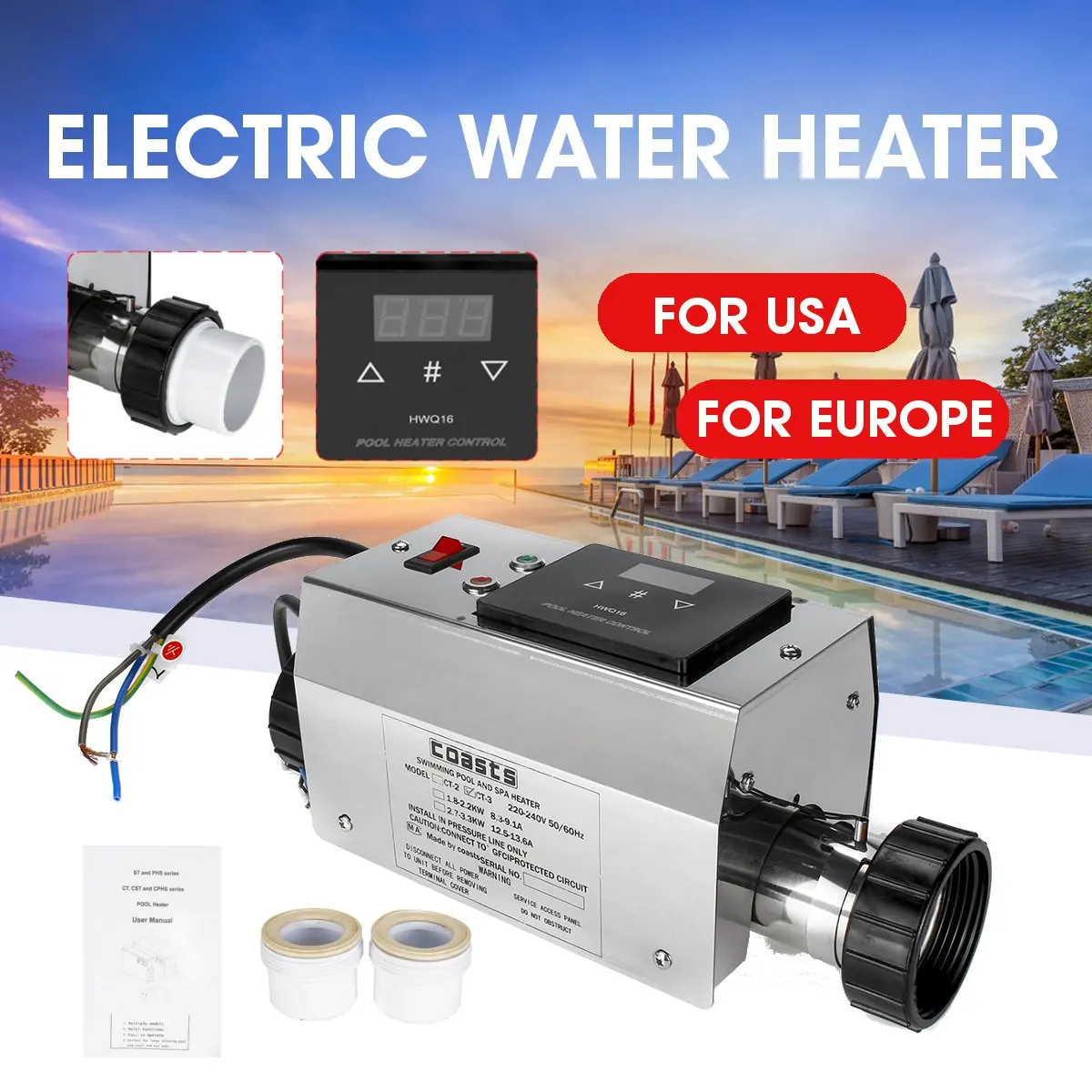 Подогреватель бассейна 3KW 220V Электрический бассейн и спа ванна Отопление термостат водонагревателя 220V аксессуары для бассейна