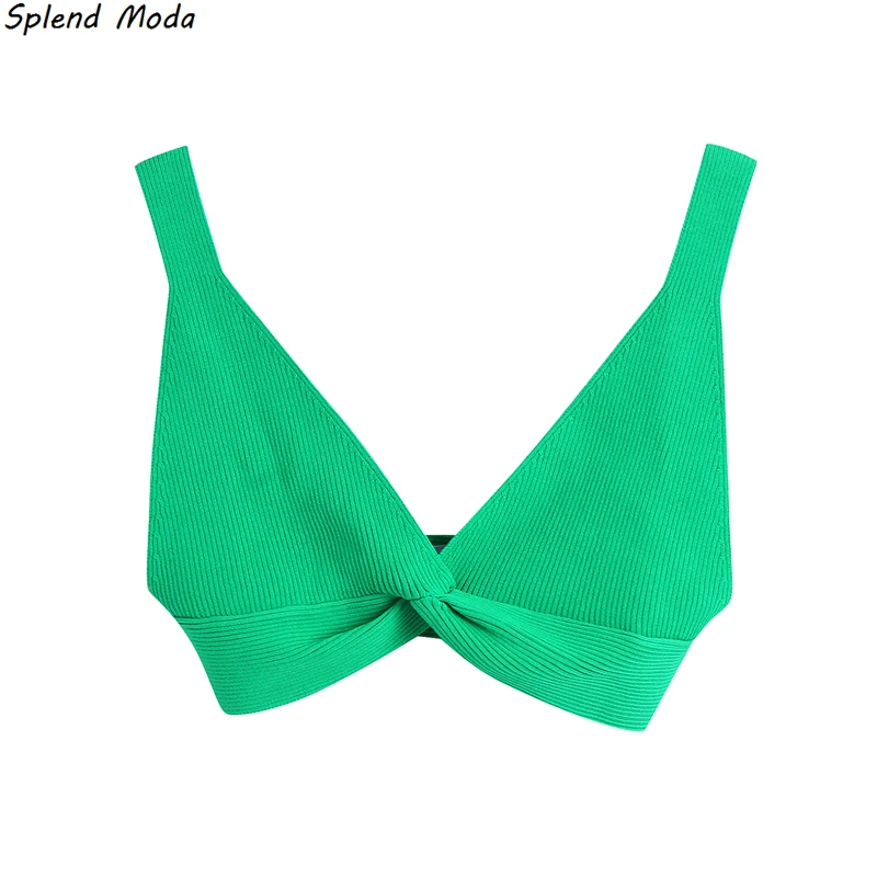

Splend Moda 2021 Summer Chic Sexy V-Neck Twist Short Knitted Folds Crop Top Women Solid Color Camisole Casual Fashion Female