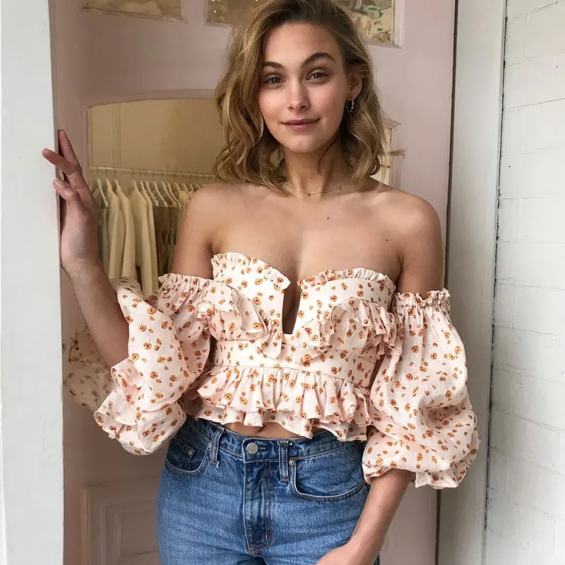 Женский сексуальный лиф с открытыми плечами блузка длинным рукавом и принтом