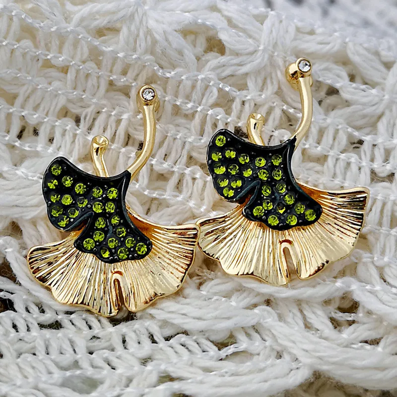 Boho серьги золотого цвета с зелеными кристаллами гинкго билоба двойные листы Висячие серьги для женщин модные ювелирные изделия O3D274