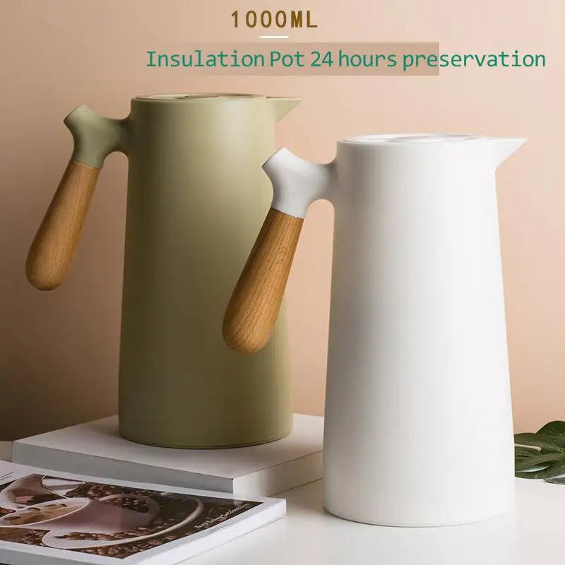 

1L Insulation Kettle Hot Water Bottle With Wood Handle Large Capacity Thermos Teapot Household Coffee Pot Caixa Termica Glass