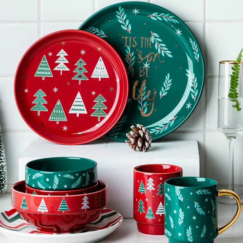 

FANCITY Creative personality flat plate soup bowl mug household couple Christmas gift tableware rice bowl western food plate