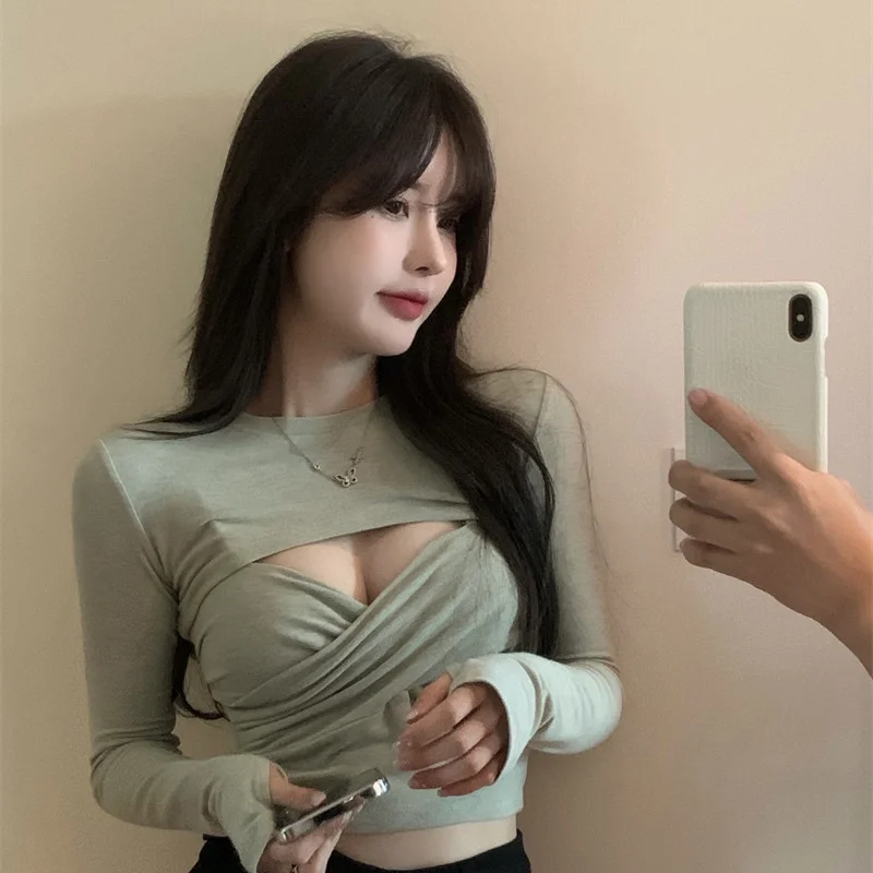 

Футболка женская трикотажная из двух предметов, короткая Облегающая рубашка с длинным рукавом, на раннюю осень