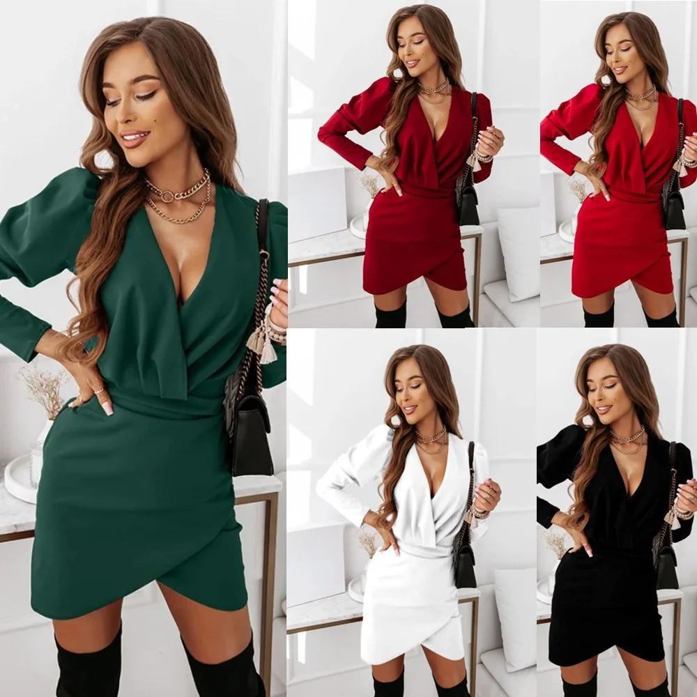 

XIZOU 2021 Autumn Winter Dress For Women New Fashion Women's Long Sleeve Bubble Sleeve V-neck Wrap Hip Skirt Dress robe femme