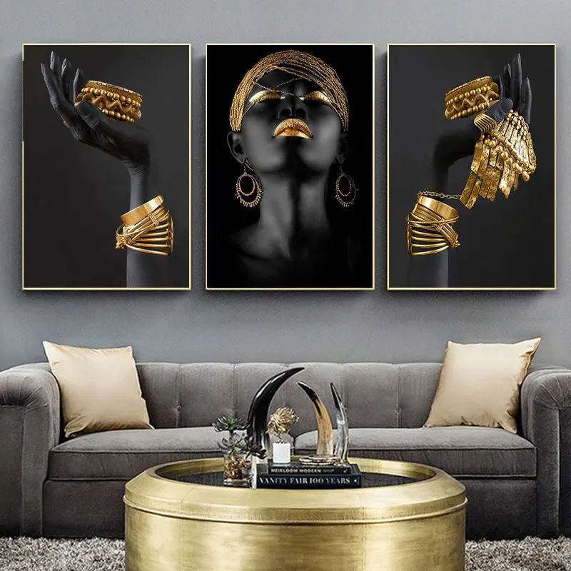 

African Woman Large Wall Art Painting Art Posters and Prints Big Black Woman Holding Gold Jewelry Canvas Picture Home Decoration