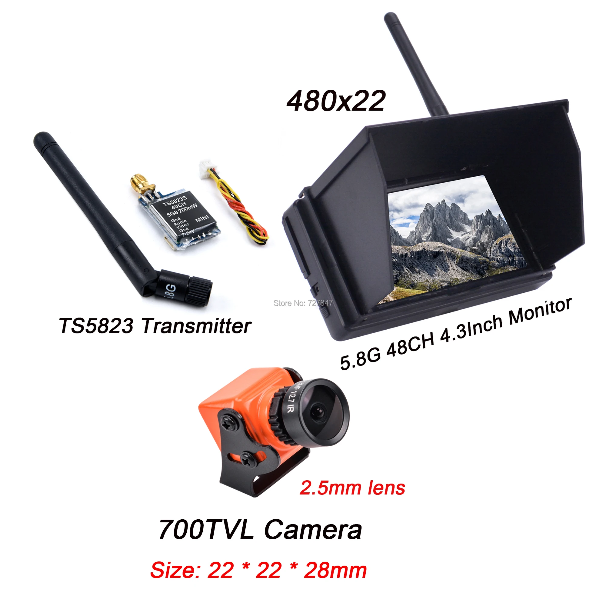 FPV 5 8G 48CH 4 3 дюймовый ЖК монитор 480x22 пикселей с OSD 700TVL 2 1 мм/2 мм объектив камеры TS5823s
