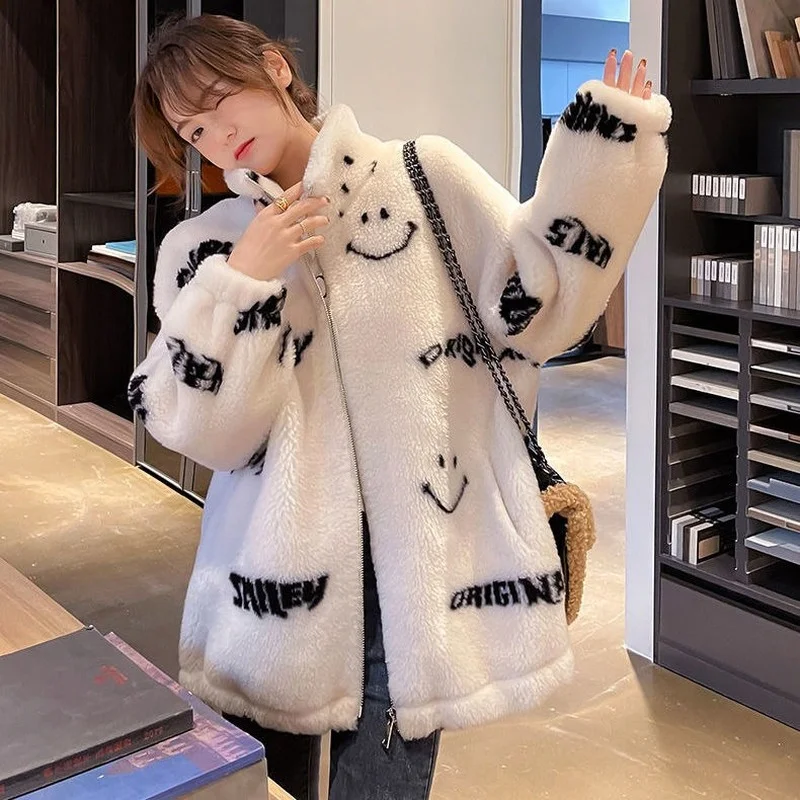 Cartoon Smiley Lamb Wool Women's Hooded Jacket Casual  Tops Winter Clothes Woman Jackets Cute Korean Coats X354