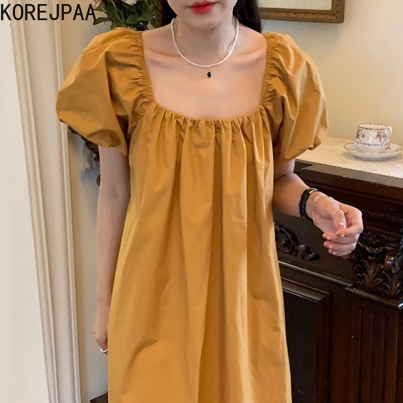 

Korejpaa Women Dress 2021 Korean Fashion Gentle Sweet Solid Square Collar Pleated Open Back Lace-up Waist Puff Sleeve Vestidos