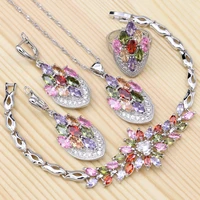 925 silver jewelry sets for women wedding multicolor cubic zirconia leaf ring bracelet necklace pendant earrings set