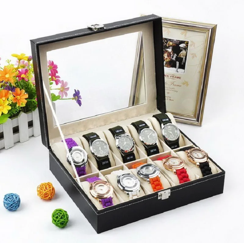 

2019 Fashion 10 Grids PU Leather Watch Boxes Storage Organizer Box Luxury Jewelry Ring Display Watch Case Black Display Case Box
