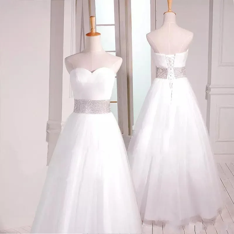 

New Sweetheart Tulle Beach Wedding Dresses 2021 Beaded Waist A Line Wedding Gowns Floor Length Bridal Dress Vestido De Noiva