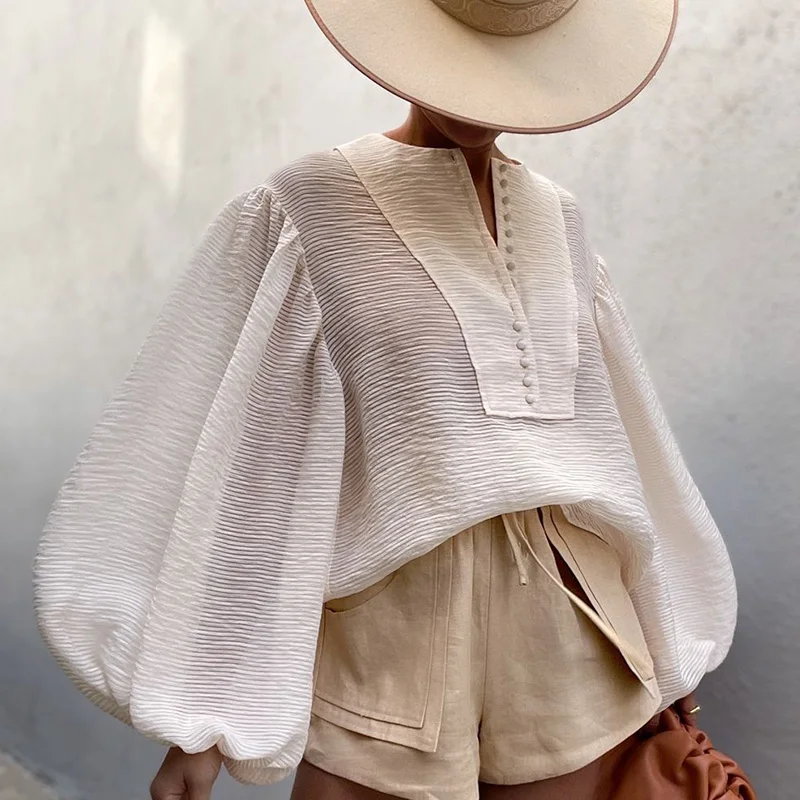 

Women Lantern Sleeve Oversize Blouse Casual O-Neck Button Chic Patchwork Female Tops Summer Office Lady Loose Chiffon Blouses