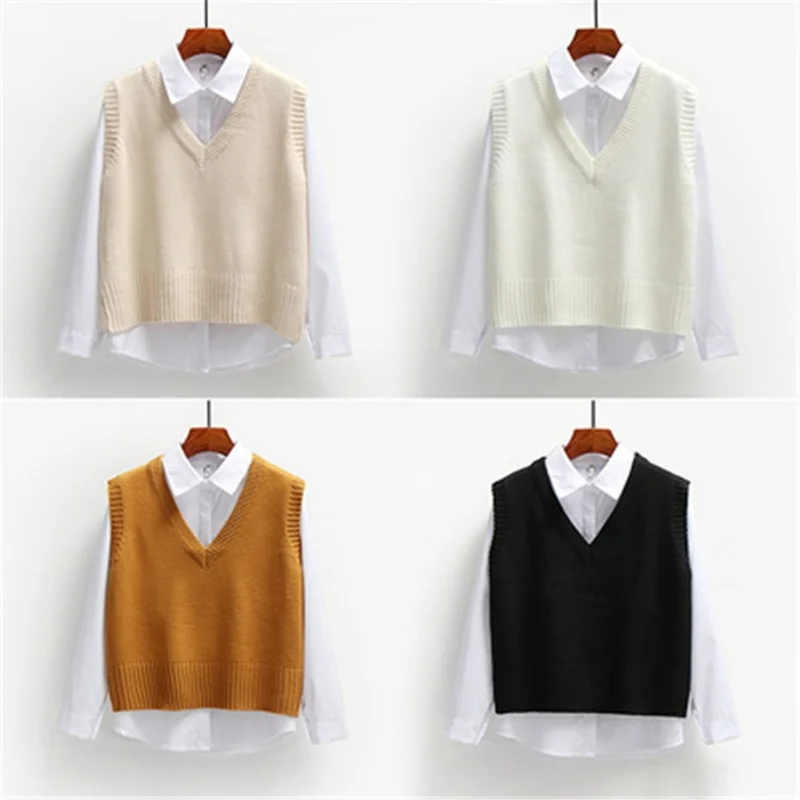 

Women Sweater Vest Spring 2021 Autumn Women Short Loose Knitted Sweater Sleeveless Ladies V-Neck Pullover Tops Female Outerwear