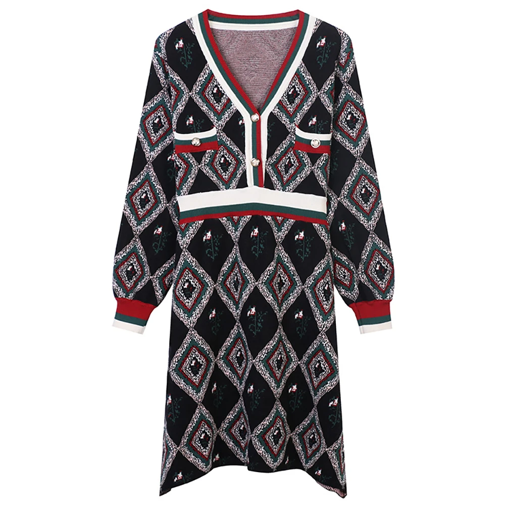 

European And American Autumn Winter New Women's Long Sleeve V-Neck Check Jacquard Contrast Color Slim Knit Dress