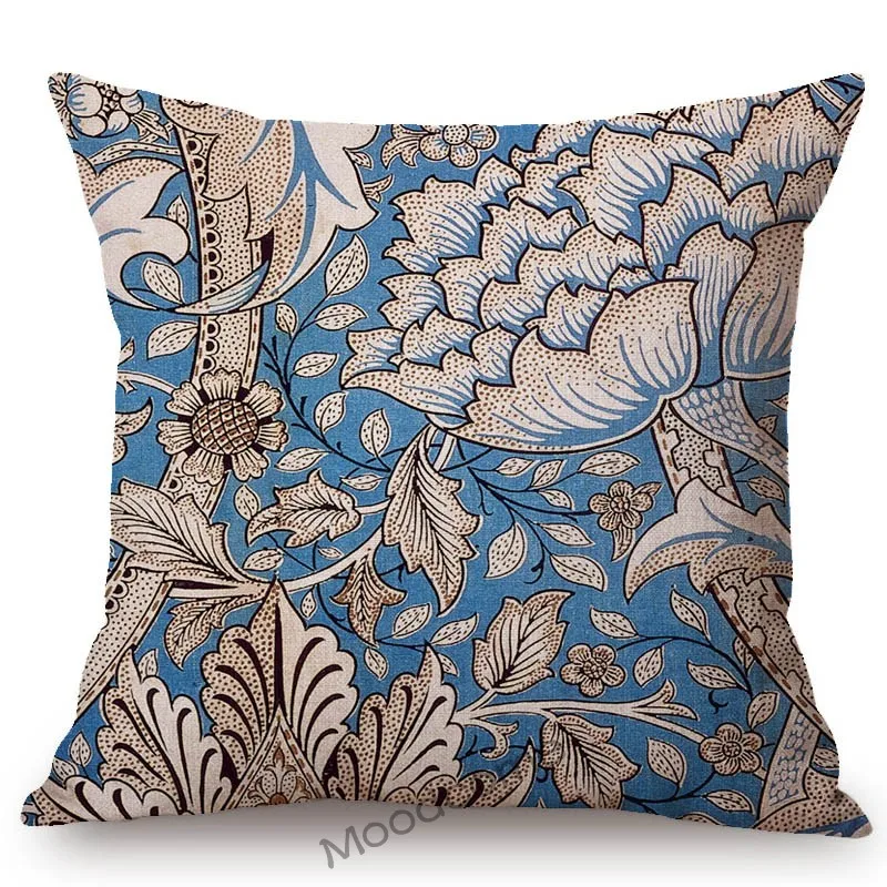 Наволочка для дивана с изображением цветов Морриса птиц из хлопка и льна в