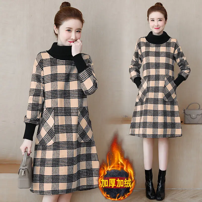 Женские платья-миди Женская осенне-зимняя новая свободная клетчатая водолазка