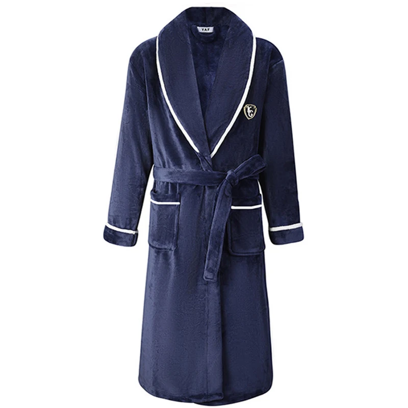 Autumn/Winter Men Nightgown Kimono Bathrobe Gown Coral Fleece Negligee V-neck Intimate Lingerie Solid Colour Sleepwear
