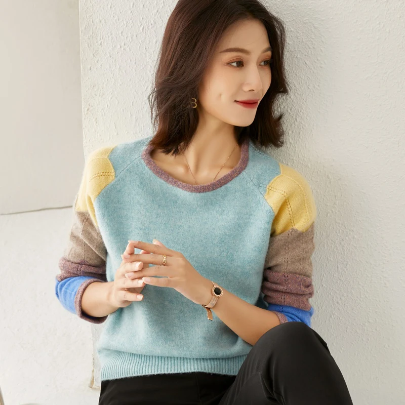 

Winter round neck cashmere sweater women thick 100% pure wool color-block pullover large size short base shirt loose and warm