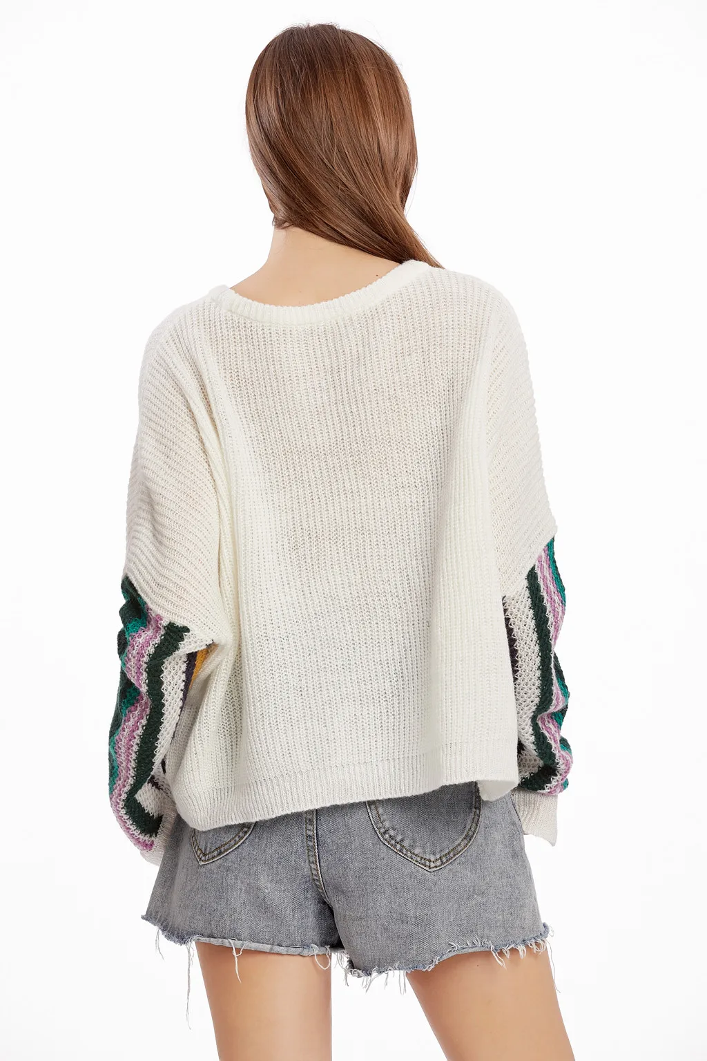 Sweater women plus size Autumn Winter Warm Long Sleeve Round Collar Bat Rainbow Stripe Knit Tops W1010 | Женская одежда