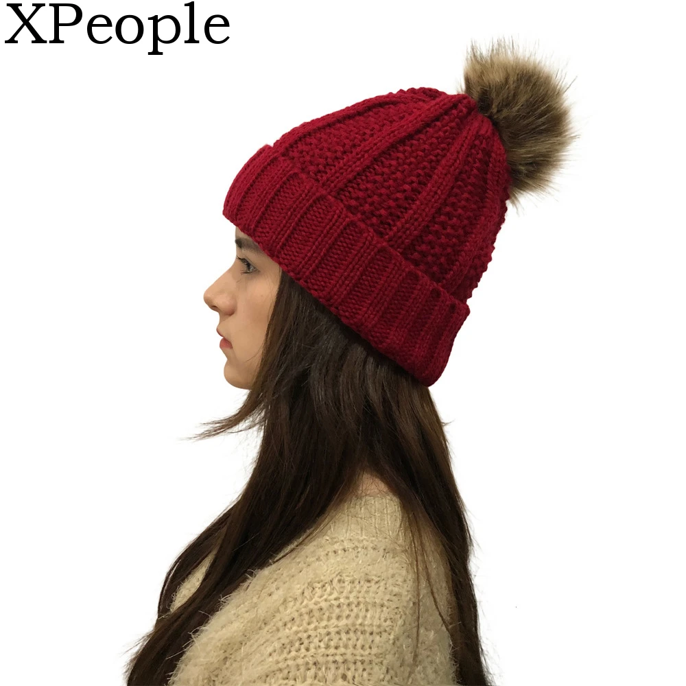 

XPeople, унисекс, шапка с черепом, с манжетами, с помпоном, вязаные шапки, толстая Лыжная шапка для женщин, толстые шапки, зимние вязаные шапки