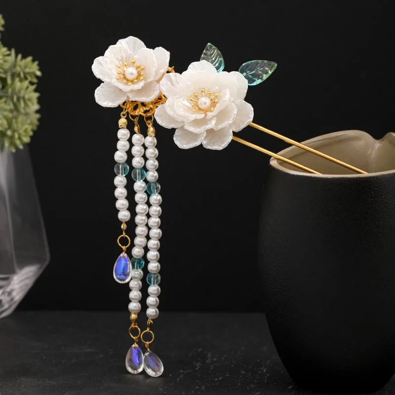 

Fashion White Flower Imitated Jade Faux Pearl Tassel Pendant Hairpin Suitable Cheongsam Woman Elegant Hair Jewelry LXH