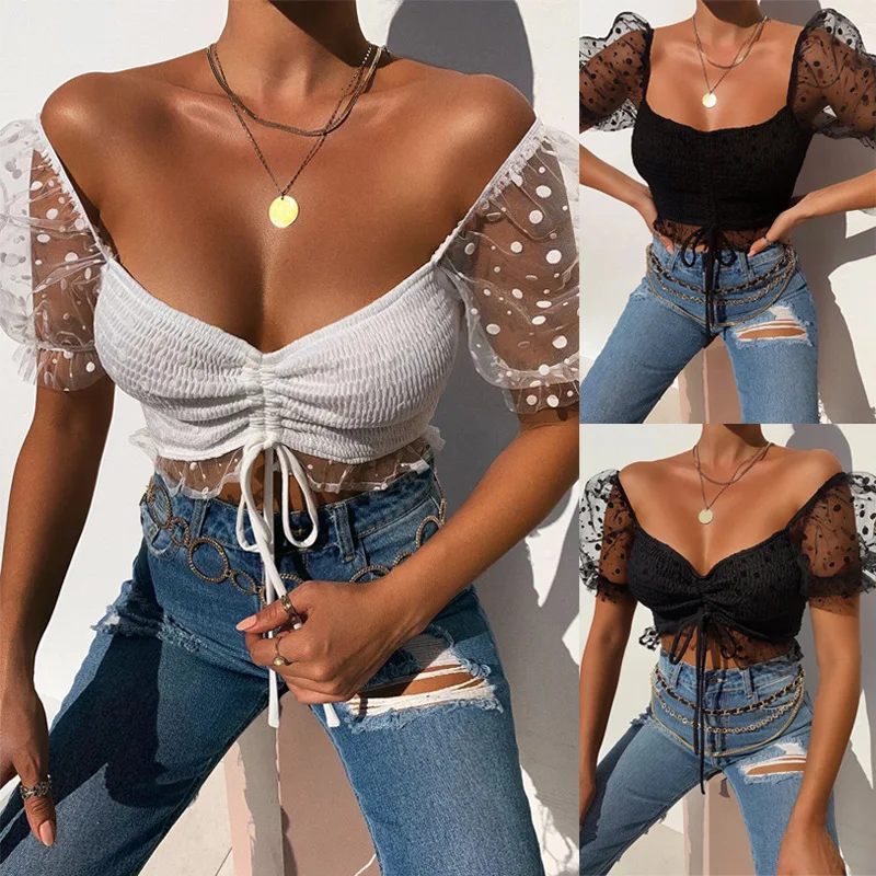 

Donsignet Women Tshirts Gauze Tops Polka Dot Printed Puff Sleeve Fashion Drawstring Short Women Tops Sexy Square Collar Blouse