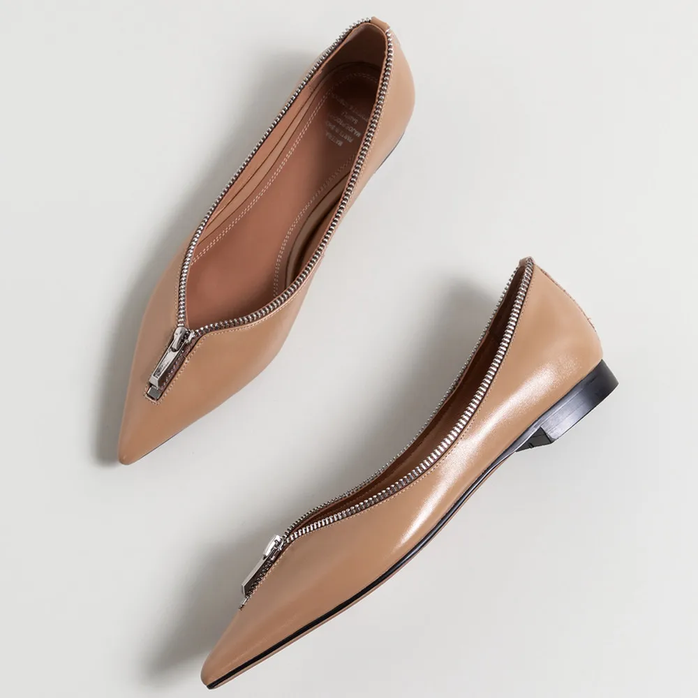 

Женские балетки из натуральной кожи на молнии, с острым носком, без застежки, на плоской подошве, мягкие удобные эспадрильи, повседневная об...