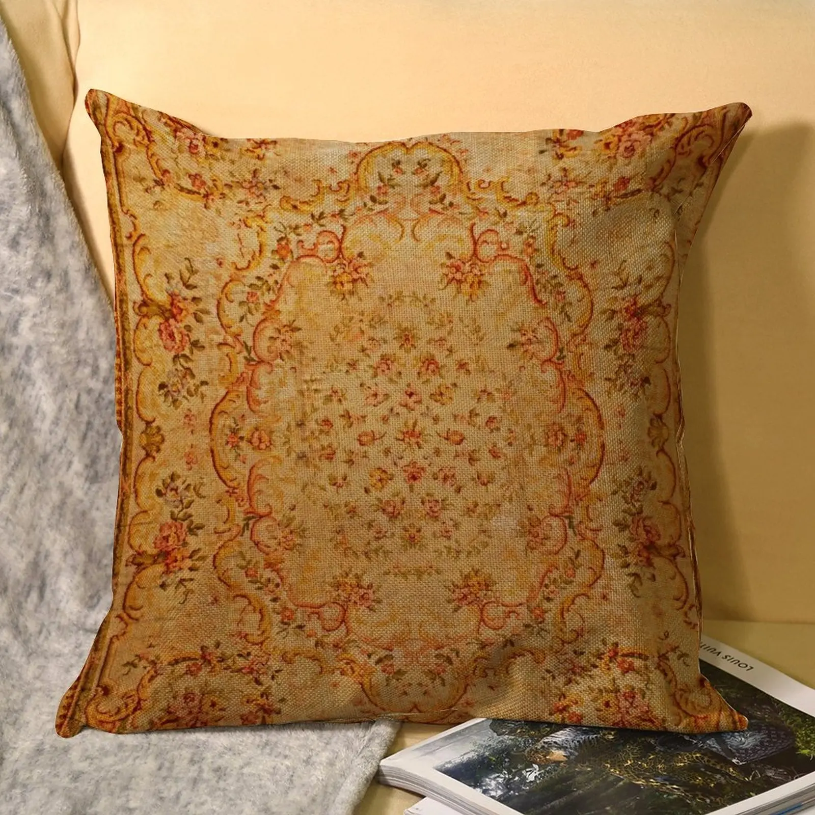 

Double-sided Pillowcover French Antique Savonnerie Flax Decorative Bedroom Vintage Boho Linen Pillow Case Chair Zipper Printing