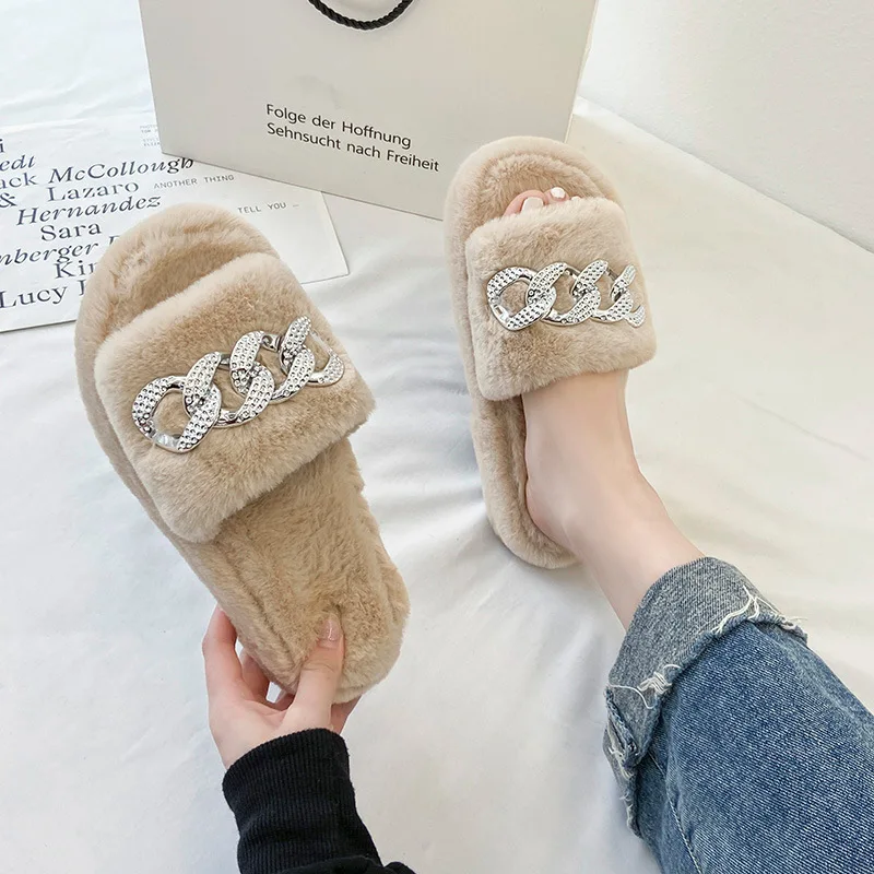 

Women Flat Shoes Fur Plush Slippers for Women Zapatillas Mujer Thick Metal Buckle Female Footwear Bedroom Winter Shoes Ladies