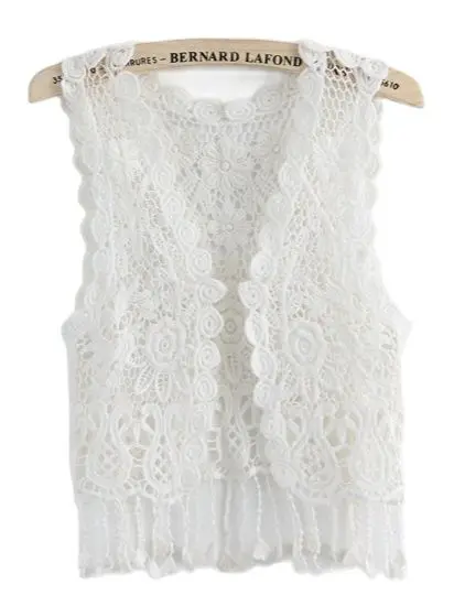 Женский кружевной жилет без рукавов бежево-белый кардиган с бахромой и вышивкой