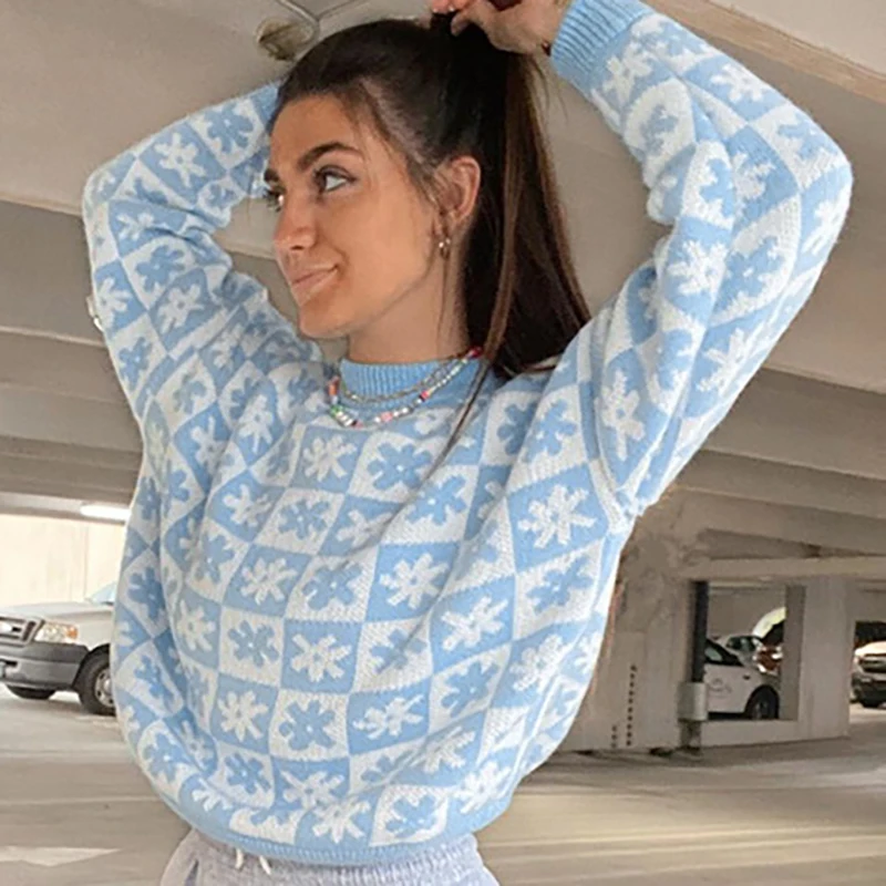 

Cotton New Style Y2k Vintage Loose Soft Blouse Long-sleeved Small Flower Round Neck Sweater 2021 Autumn Winter Female Clothing