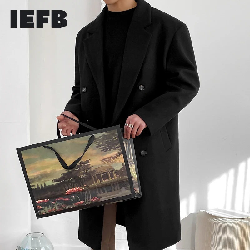 IEFB Men's Korean Woollen Double Breasted Coat Male Black Grey Thickened Windbreaker Style Autumn And Winter Long Coats 9Y8466