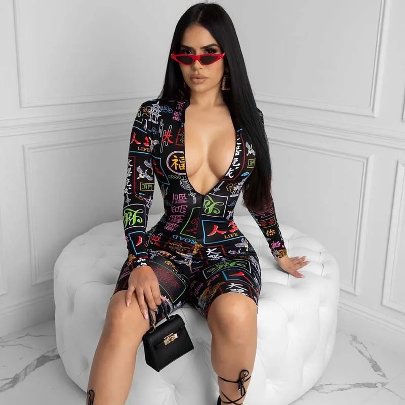 

2020 Chinese Characters Print Black Playsuit V-neck Backless Bodycon Skinny Jumpsuit Women Sexy Hollow Out Bodysuit Club Outfits