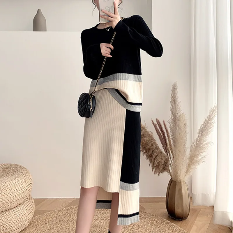 

High Quality 2020 Autumn Winter Knitted Two Piece Outfits Loose Long Sleeve Sweater Pullover + Irregular Skirt 2 Piece Set Women